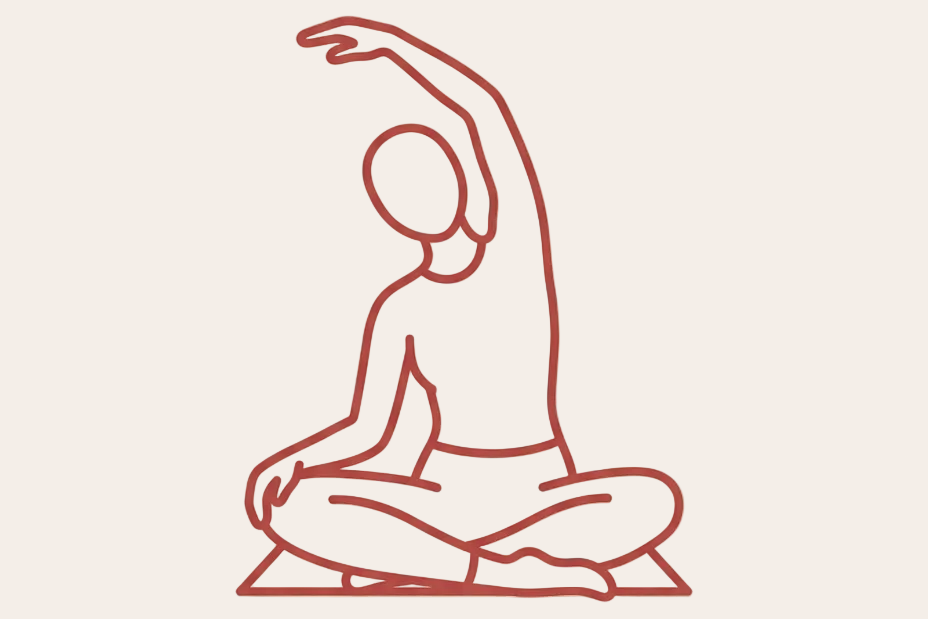 A minimalist line art illustration of a person in a seated cross-legged yoga pose stretching to the side, rendered in a reddish-brown outline on a pale cream background.