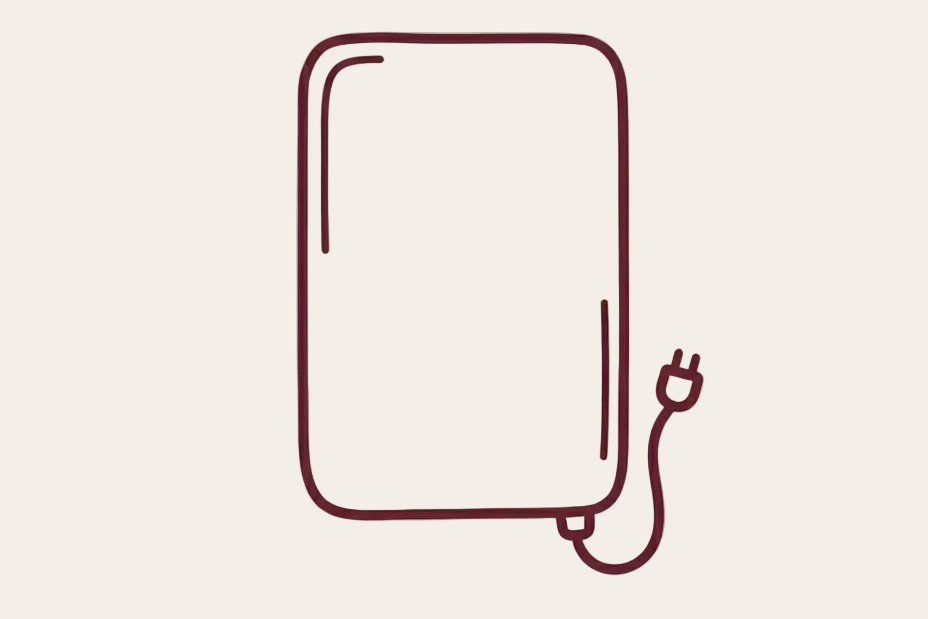 A minimalist line-art illustration of a rectangular phone or tablet with a blurred red-orange glow in the center and a small plug extending from the bottom right, set on a light cream background.