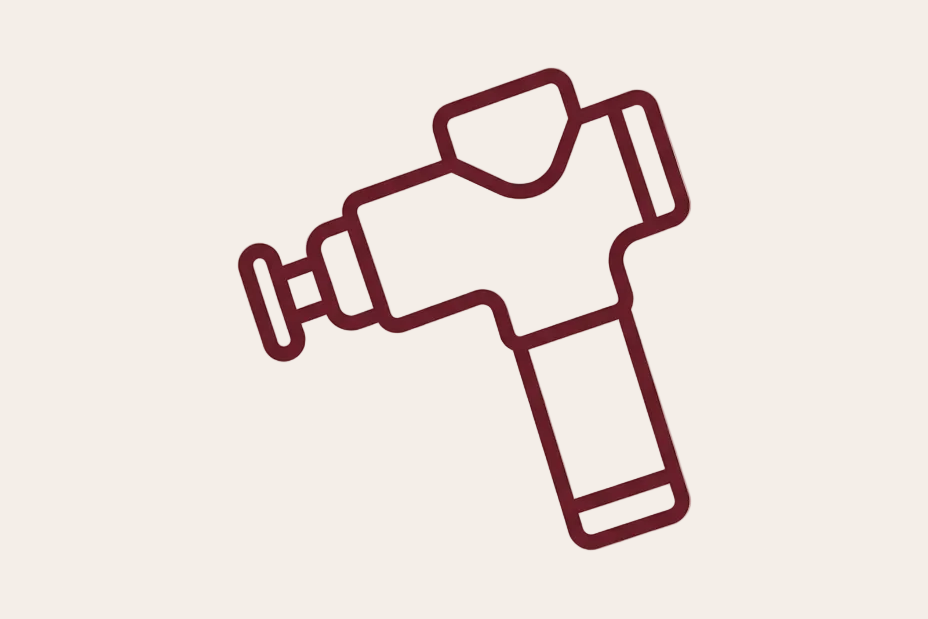 A minimalist line-art icon of a handheld power tool, likely a drill or impact driver, rendered in dark burgundy on a solid pale beige background.