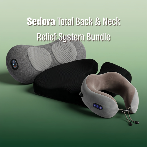 Back and neck relief bundle with lumbar support, neck pillow, and support cushion