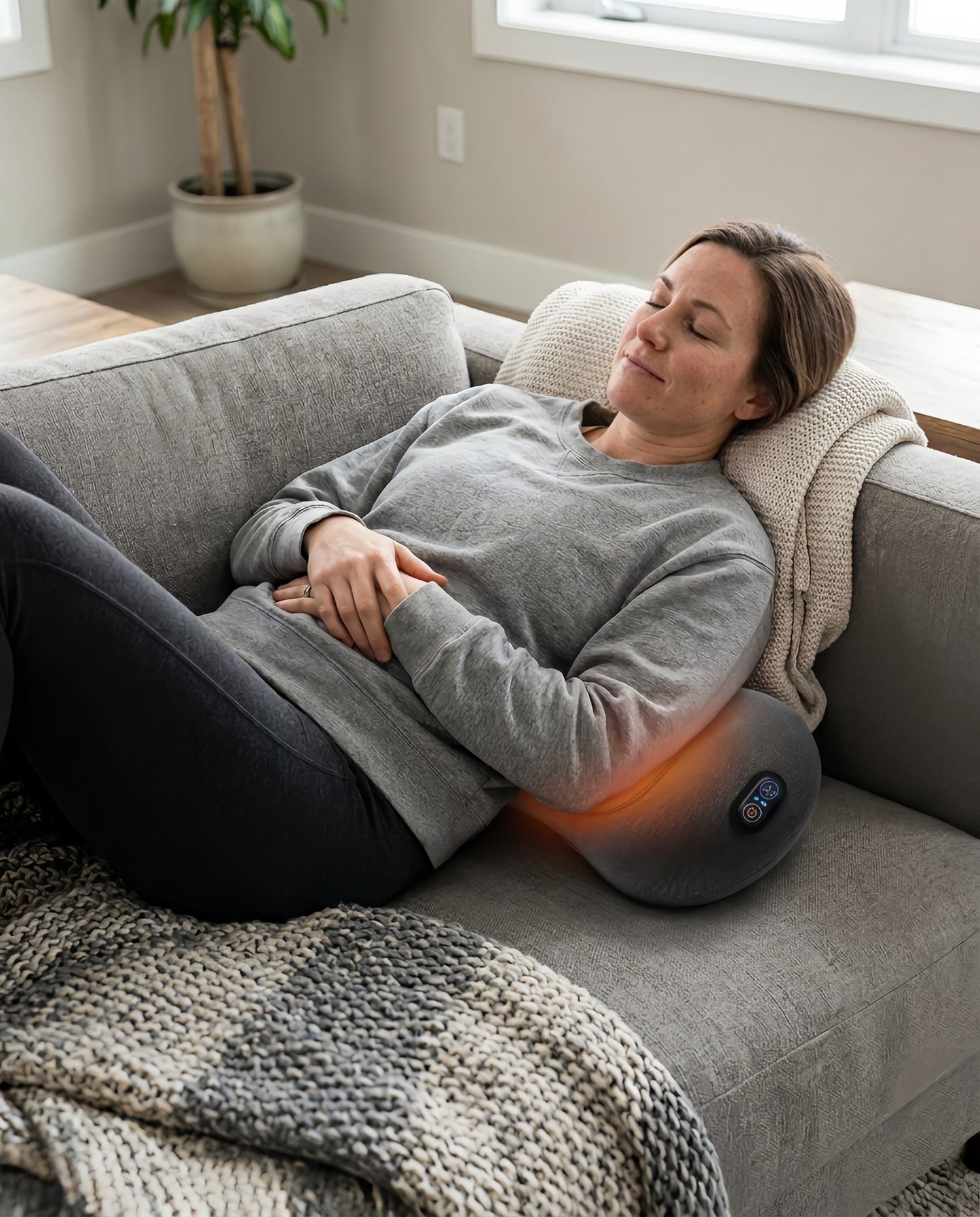 A woman reclines on a gray sofa with a heated massage pillow supporting her lower back. The pillow is dark gray with a glowing orange heat effect and a small digital display.