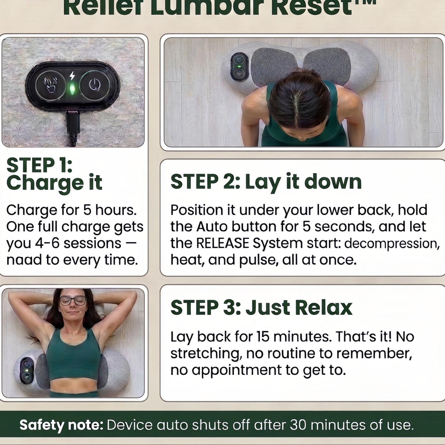 An instructional graphic titled 'How to Use Sedora Deep Relief Lumbar Reset' showing three labeled steps with photos and text: Step 1 charge the device, Step 2 lay it down and position it under the lower back, and Step 3 just relax. The product itself is a small black handheld device with a glowing green light, shown in small inset photos on a beige background.